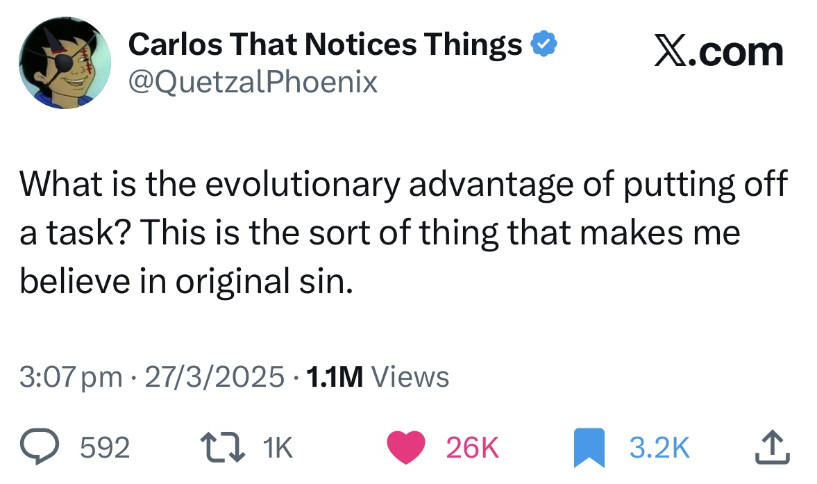 tweet about procrastination being of original sin